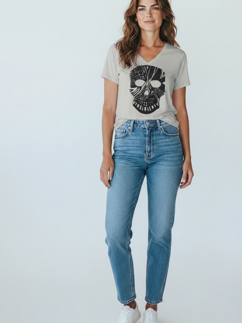 Go Couture Light Gray V-Neck Skull Graphic Tee
